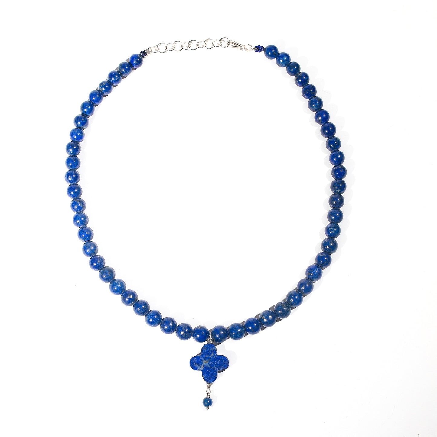 Natural Lapis Lazuli Beads, Handmade 925 Silver Necklace in Clover Design