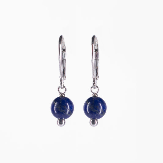 Natural 7mm Lapis Lazuli Round Gems Beads Dangle Sterling 925 Sliver Earrings