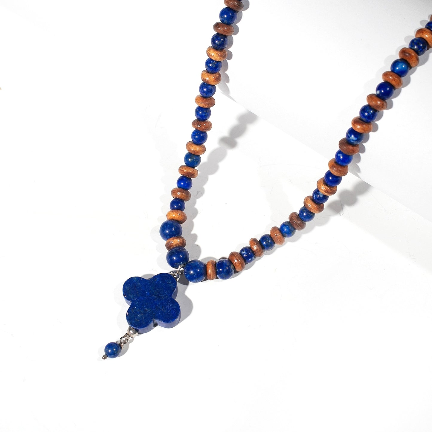Natural Lapis Lazuli Beads, Handmade 925 Silver Necklace in Clover Design