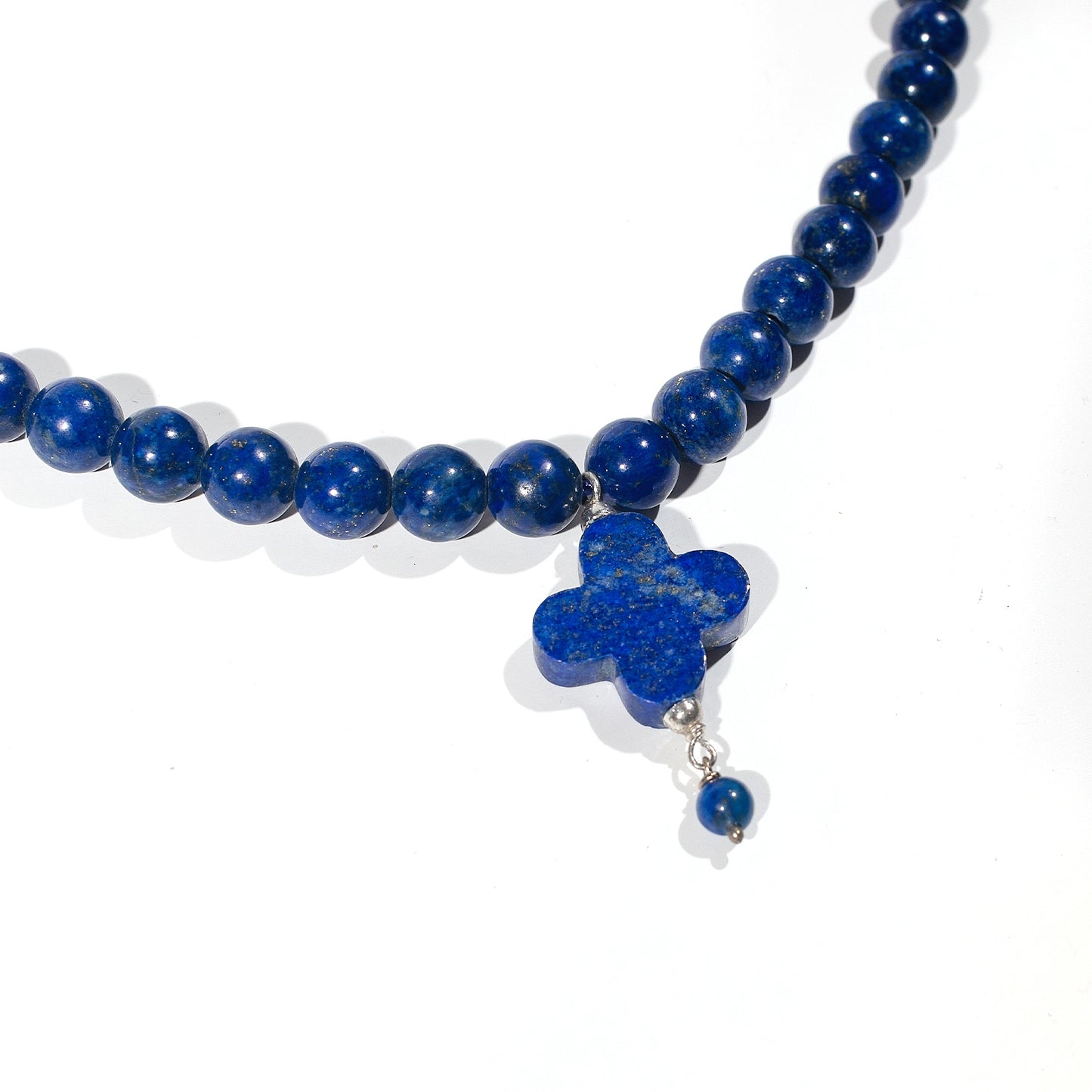 Natural Lapis Lazuli Beads, Handmade 925 Silver Necklace in Clover Design