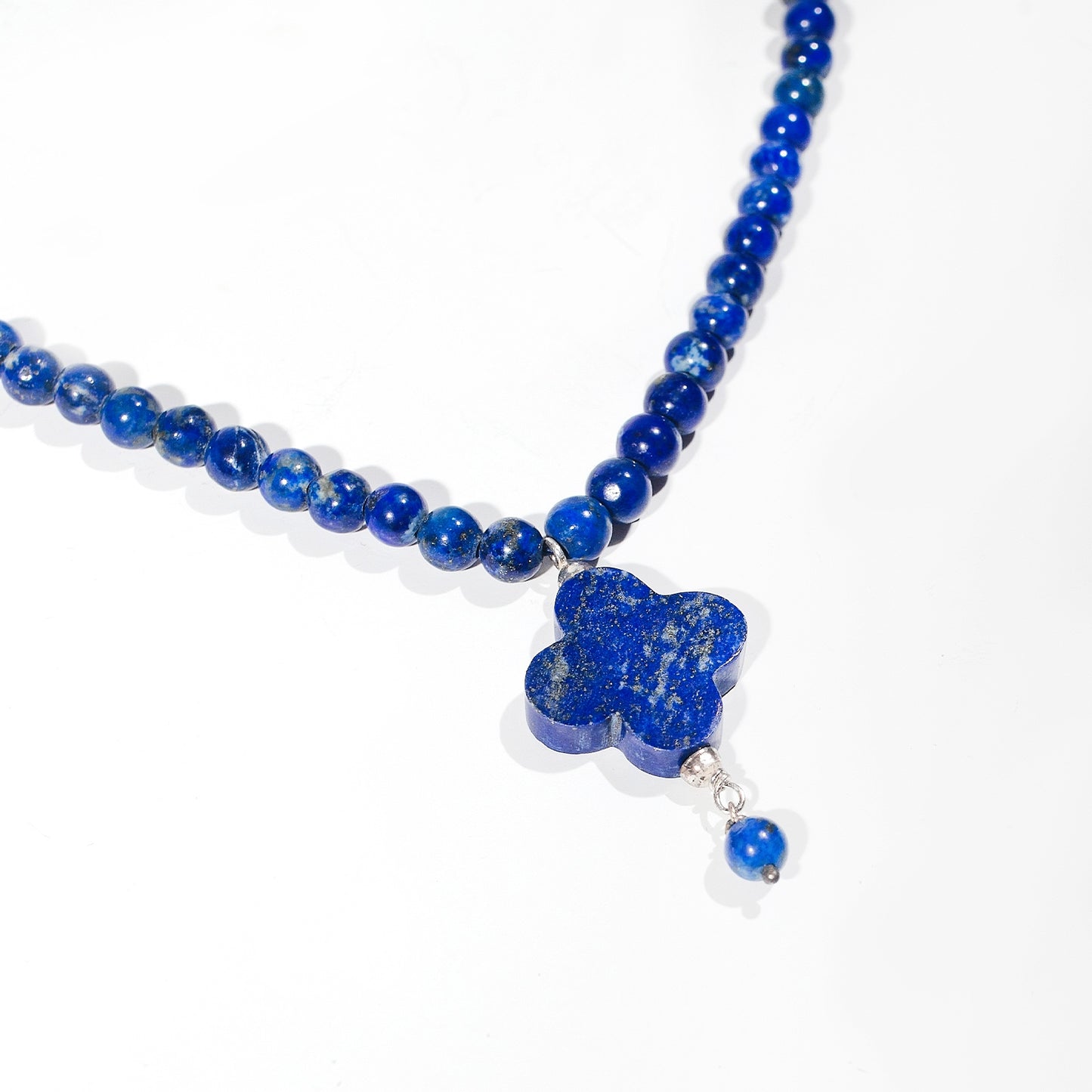 Natural Lapis Lazuli Beads, Handmade 925 Silver Necklace in Clover Design