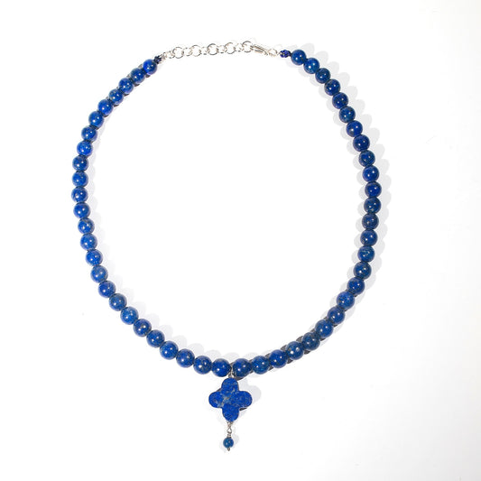 Natural Lapis Lazuli Beads, Handmade 925 Silver Necklace in Clover Design