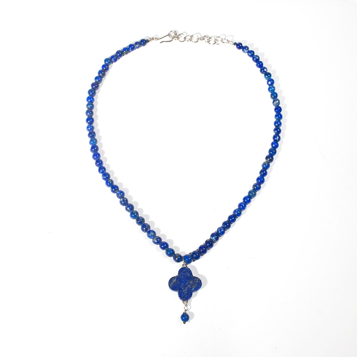 Natural Lapis Lazuli Beads, Handmade 925 Silver Necklace in Clover Design