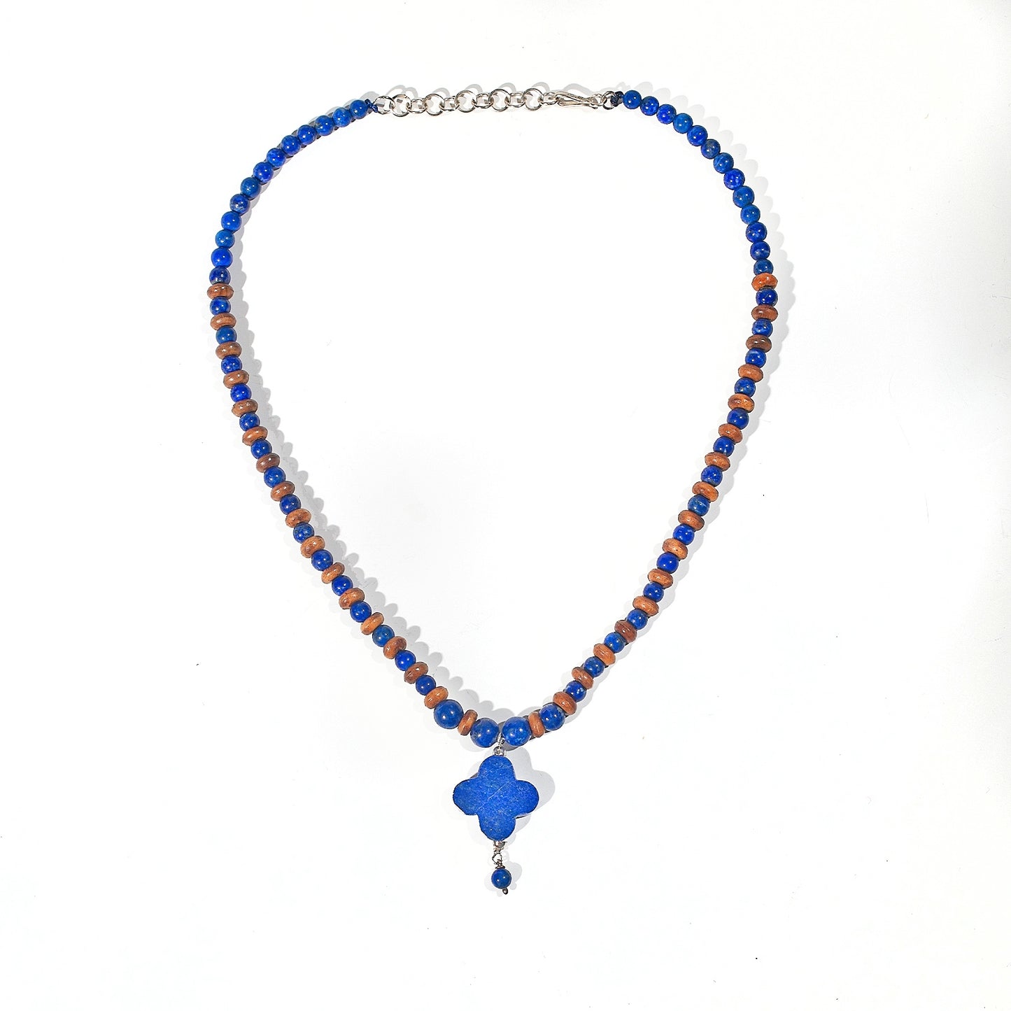 Natural Lapis Lazuli Beads, Handmade 925 Silver Necklace in Clover Design
