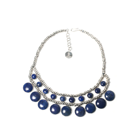 Luxury and Rare finds exclusive statement Necklace design features a Natural Lapis Lazuli in a Circle, Handmade in 925 Sterling Silver