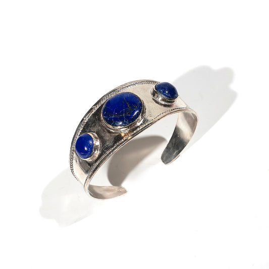 925 Sterling Silver Cuff Bracelet in Natural Lapis Lazuli, adjustable