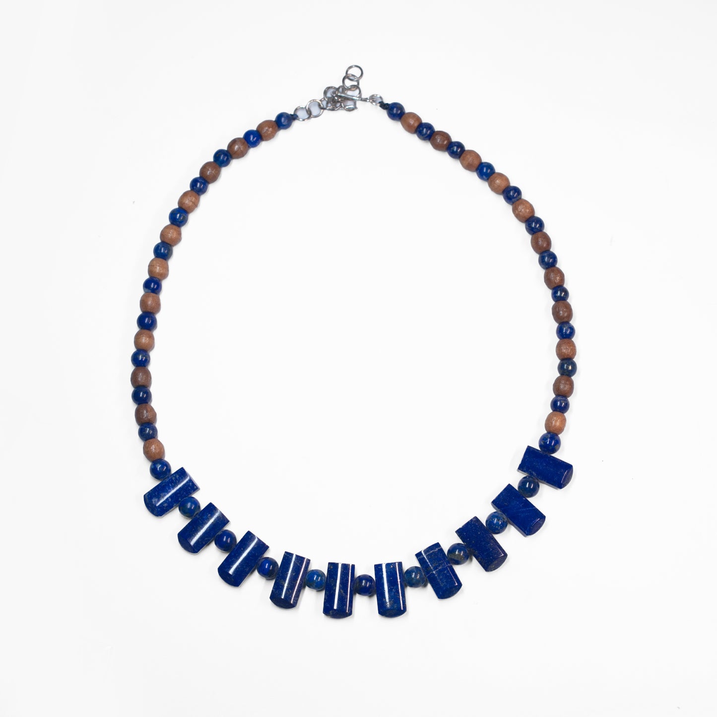 Baguette Style Lapis Lazuli classic Beaded Necklace featuring wood beads Handmade in sterling silver