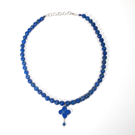 Natural Lapis Lazuli Beads, Hand made 295 Sliver Necklace in Clover Design