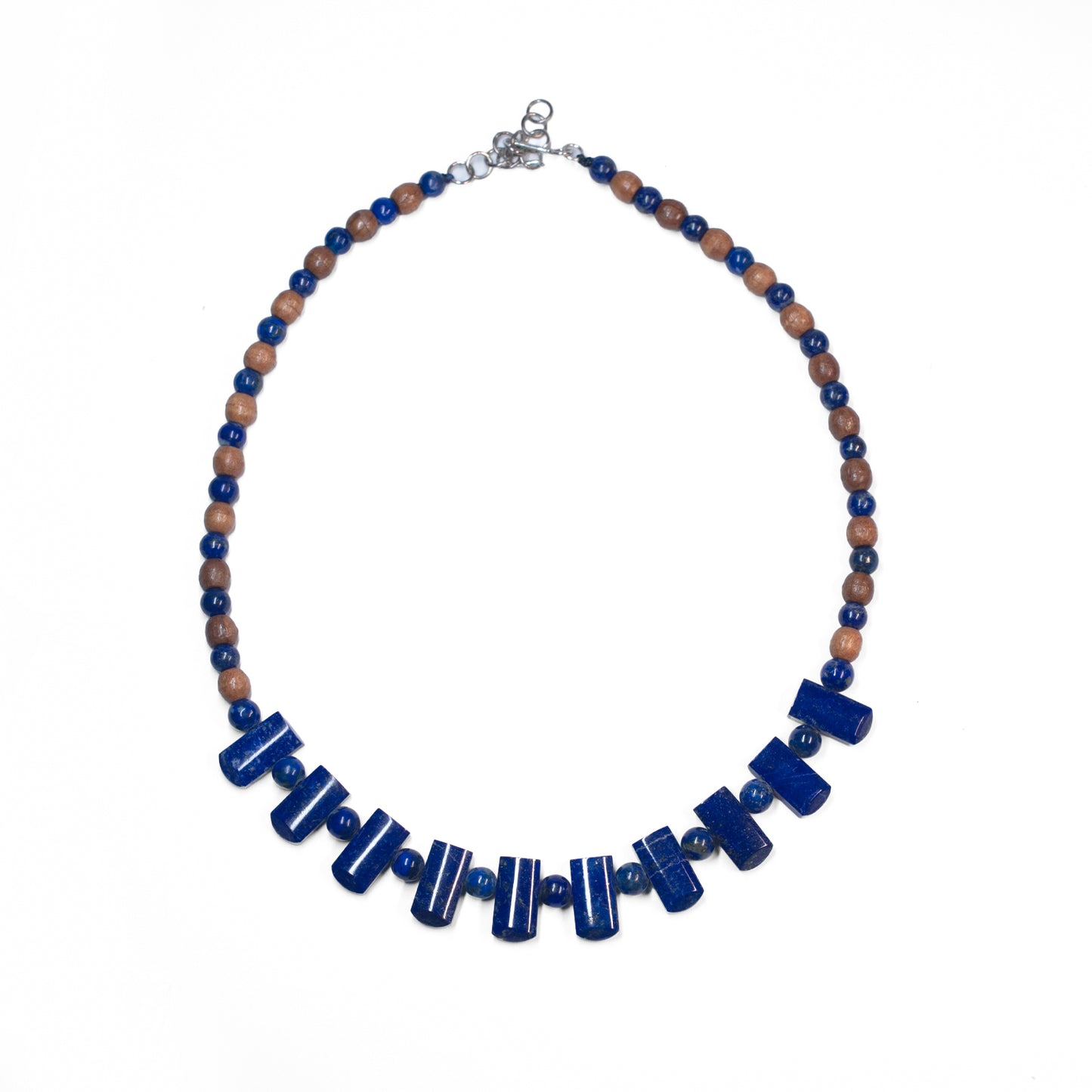 Baguette Style Lapis Lazuli classic Beaded Necklace featuring wood beads Handmade in sterling silver