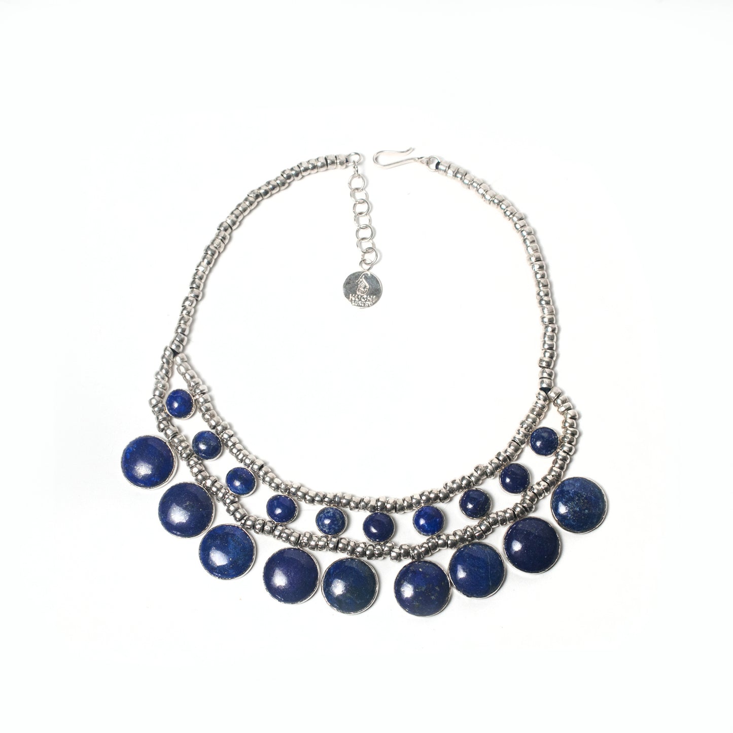 Luxury and Rere finds exclusive statement Necklace design features a Natural Lapis Lazuli in a Circle, Handmade in Sterling Sliver